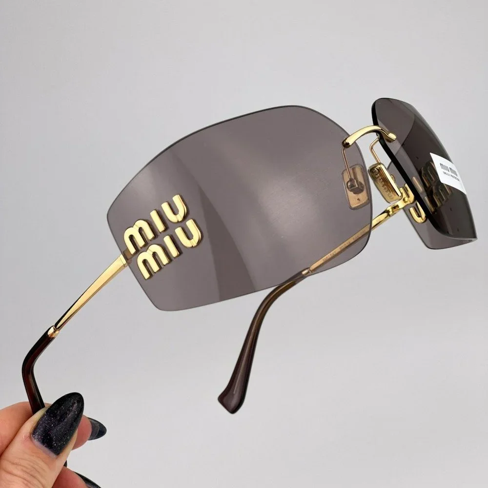 Miu Miu MU54YS 5AK06I BRAND NEW Sunglasses Gold Purple Wraparound Rimles Women